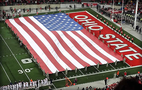 Ohio State and US flag on football field