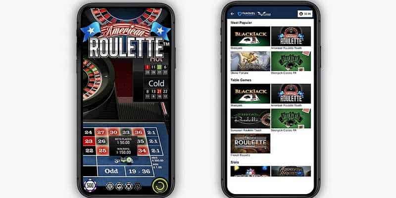 fanduel casino app running on two android phones showing the online gambling interface