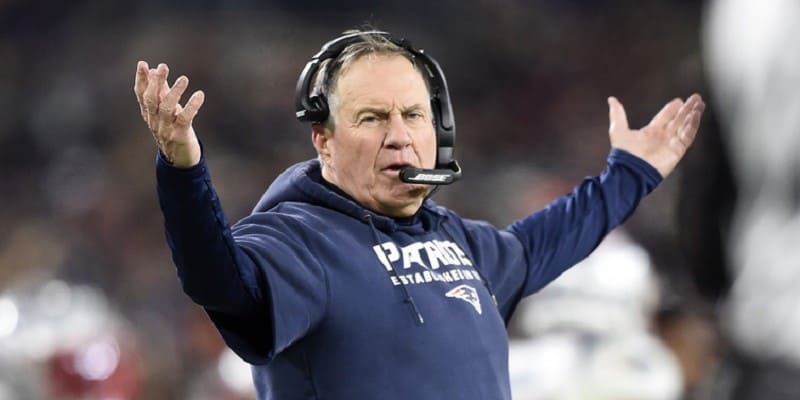 patriots head coach bill belichick shrugging after a bad call