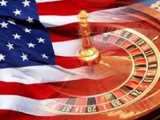 roulette table and casino chips overlaid with american flag