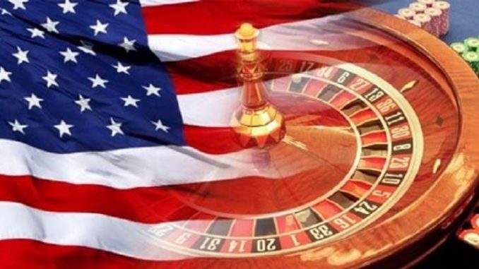 roulette table and casino chips overlaid with american flag
