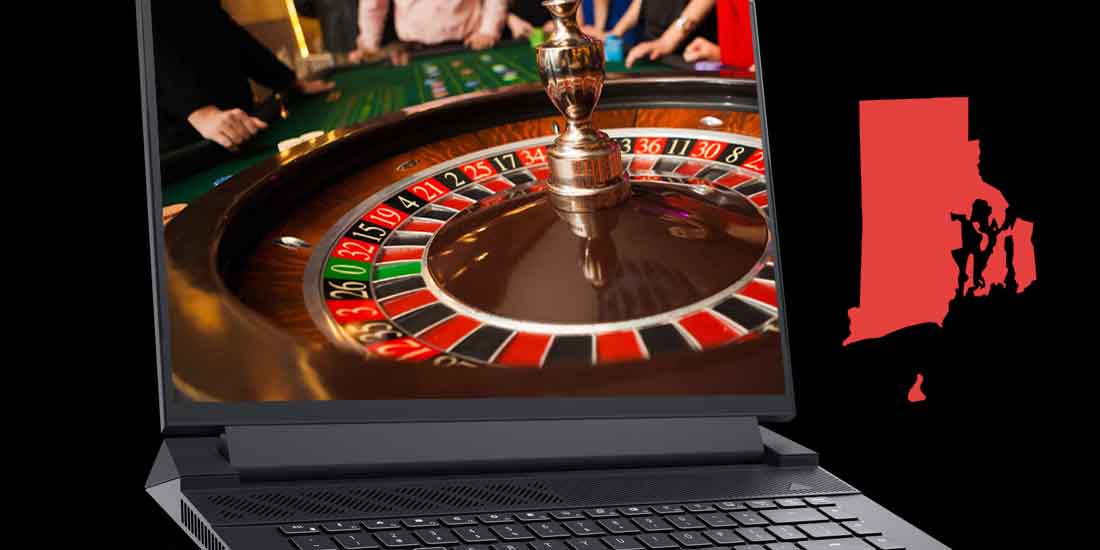 online roulette being played on a laptop next to the shape of Rhode Island